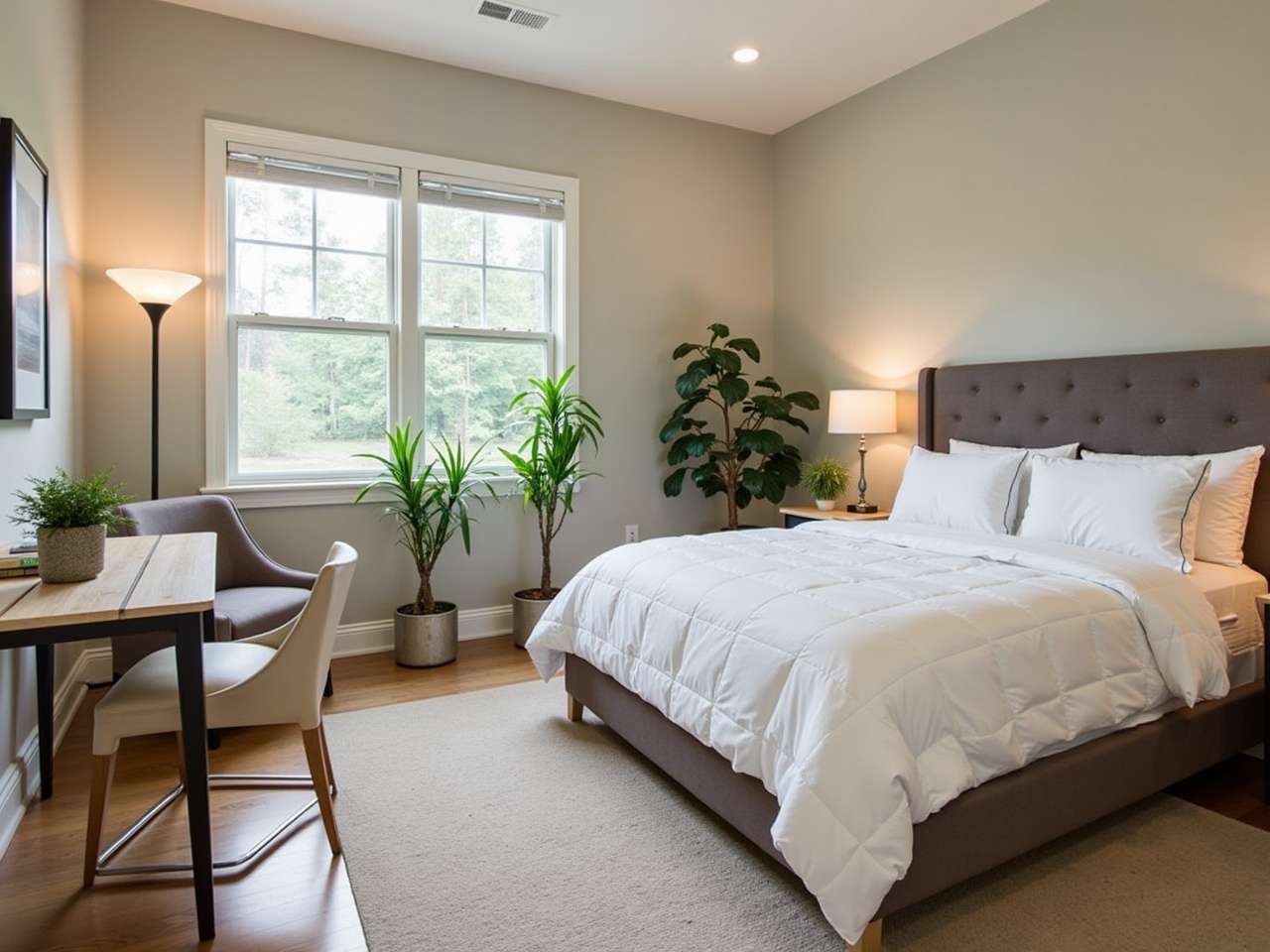 This is a modern bedroom designed with a neutral color palette. The room features a queen-sized bed with white bedding and a tufted gray headboard. There's a small desk and chair positioned against the wall, ideal for studying or working. Two potted plants add a touch of greenery, enhancing the room's fresh ambiance. Large windows allow natural light to brighten the space, making it inviting and cozy.