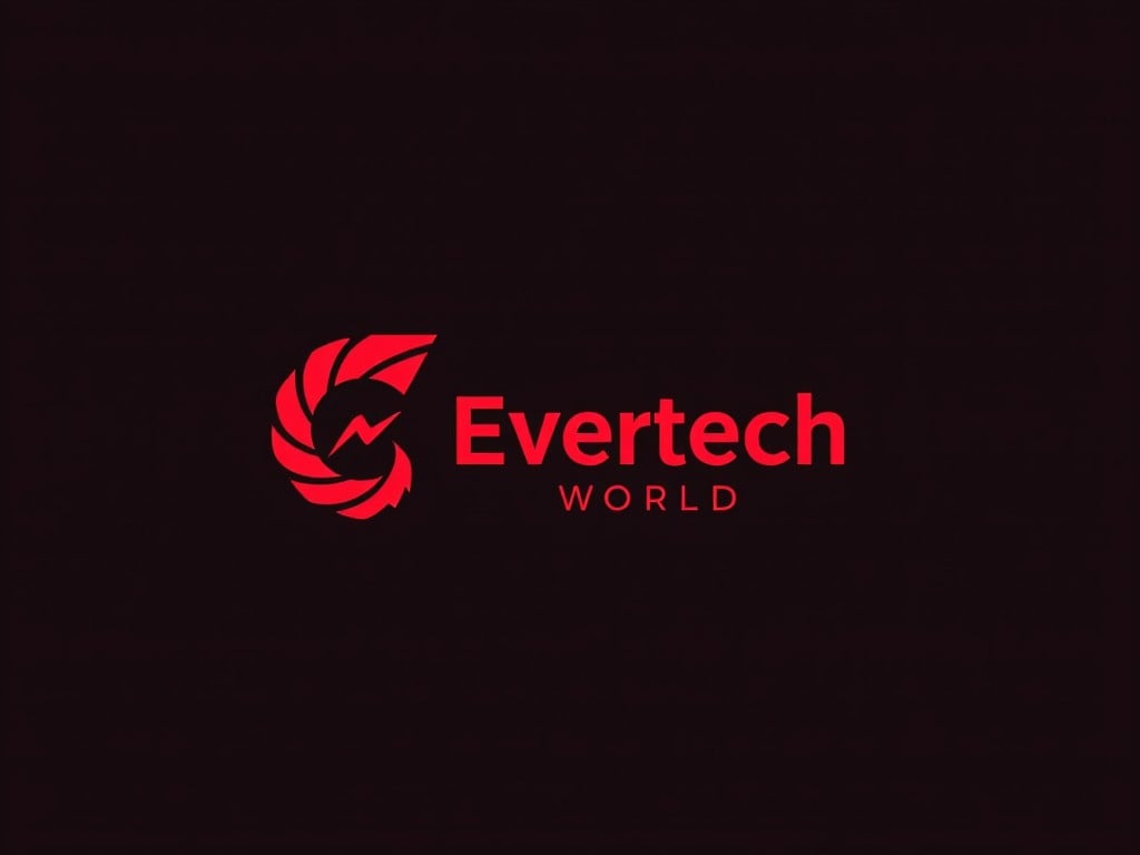 This is a logo design for a software agency named Evertech World. The logo incorporates a stylized letter G that symbolizes eternal technical support and infinite power. The overall design is simple yet impactful, utilizing a striking red color against a black background. The design aims to convey strength and modernity while remaining easily recognizable. It is ideal for branding materials and digital platforms.