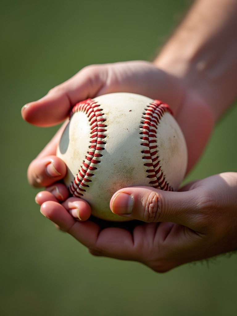 A hand grips a worn baseball preparing for a pitch