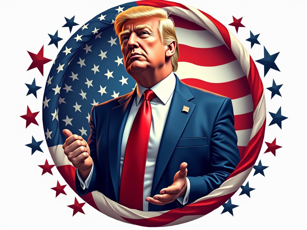 A striking digital illustration showcases a man in a blue suit and red tie, framed by an American flag. The image uses bold colors and a circular composition, emphasizing patriotism with stars and stripes prominently displayed. The man's confident demeanor and the patriotic elements suggest themes of national pride and leadership.