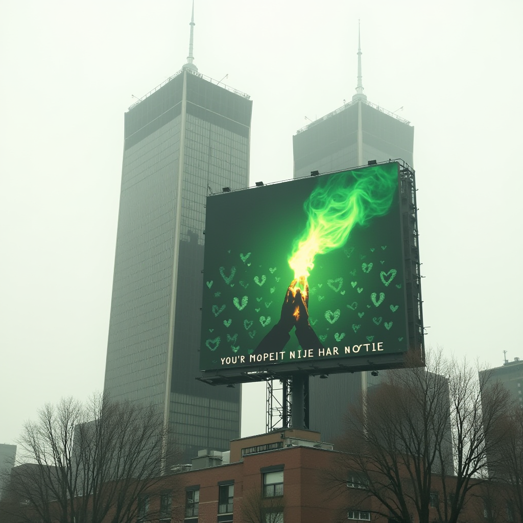 A large billboard displays green flames between hands with heart symbols against skyscrapers.