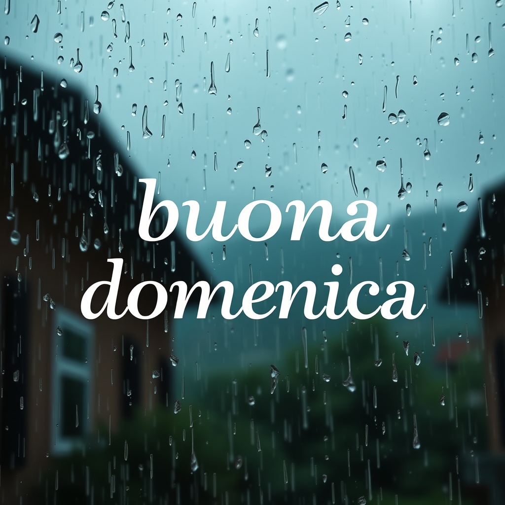 A rainy day with droplets on a window, viewed from inside a cozy home. Outside, blurred silhouettes of houses and a lush green landscape can be seen. Text overlay says 'buona domenica' in cursive.