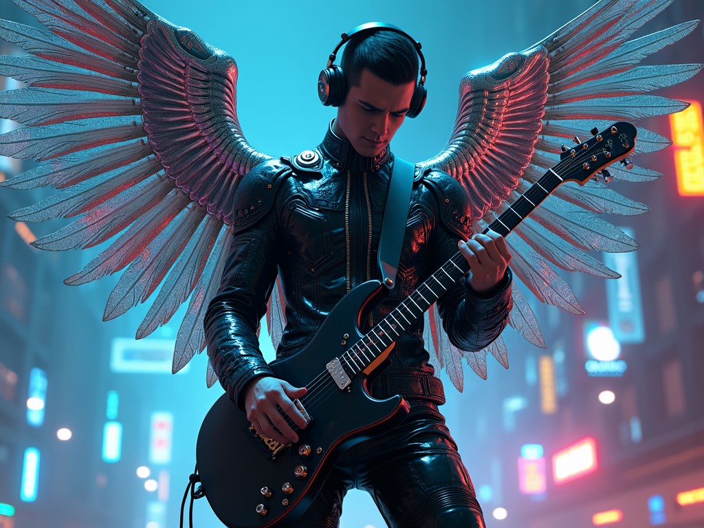 The image features a male figure dressed in futuristic attire, playing an electric guitar with an intense expression. He has large, metallic, angelic wings and wears headphones, adding a modern twist to a celestial motif. The background is an urban setting with bright neon signs, creating a vivid contrast between the earthly and ethereal elements.