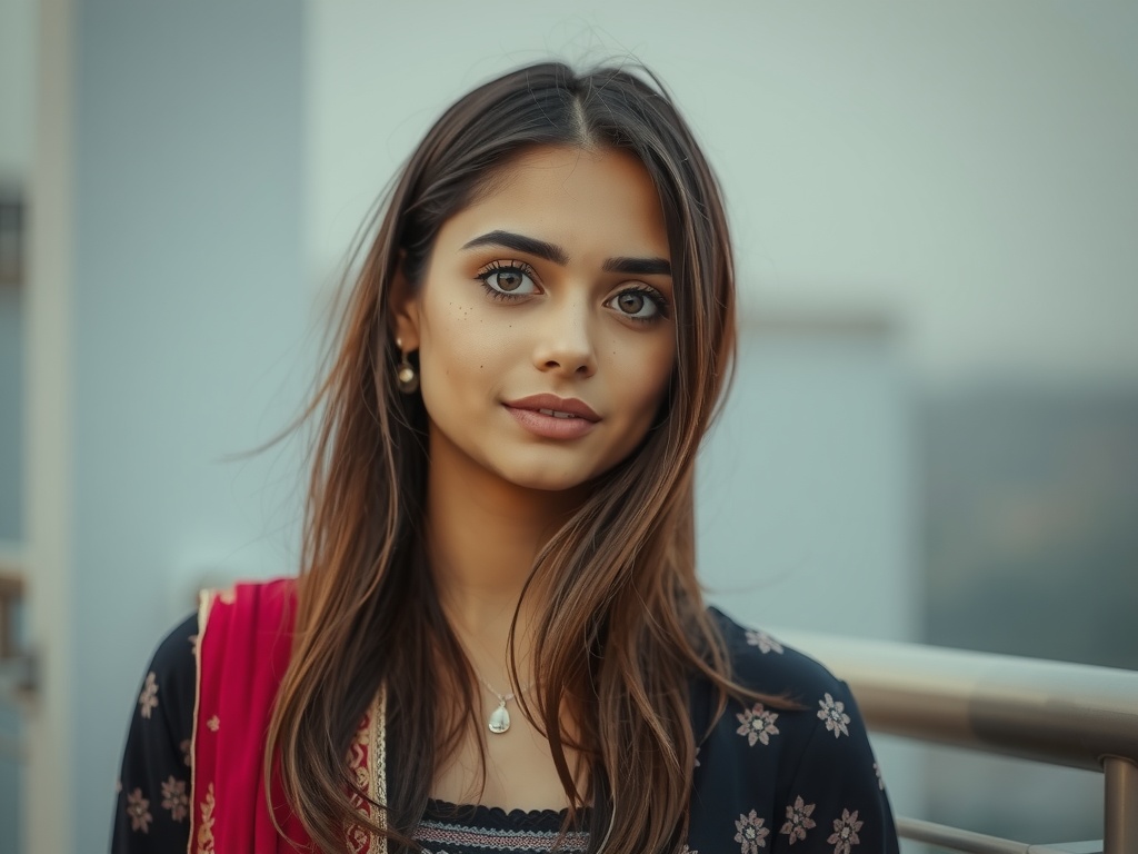 A young woman with long hair stands on an urban balcony, wearing a floral-patterned outfit.