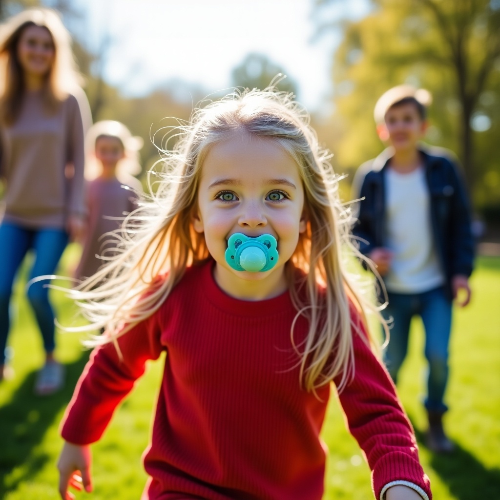 Ten year old girl with long silvery blue hair wearing a red long sleeve ribbed top and diapers. Child in a park with parents, pacifier in mouth. Bright sunny day.