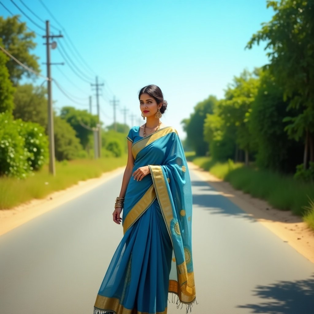 A woman stands in the middle of a sunlit road. She wears a vibrant blue and gold sari. Lush greenery surrounds the area. Distant power lines enhance the image. The sky is clear and azure. The scene conveys tranquility and poise.