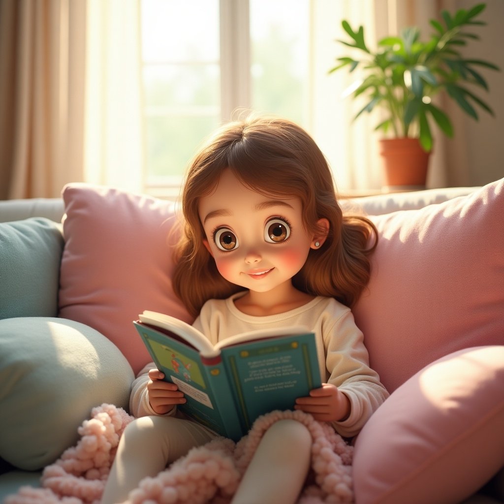 Child reading a book in a cozy indoor setting with soft colors and warm light.