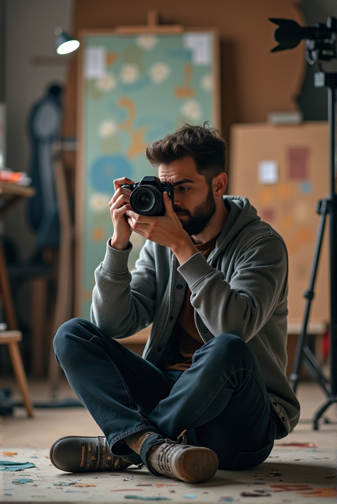 A person with a beard is sitting cross-legged on a studio floor, holding a camera up to their face amid scattered art materials.