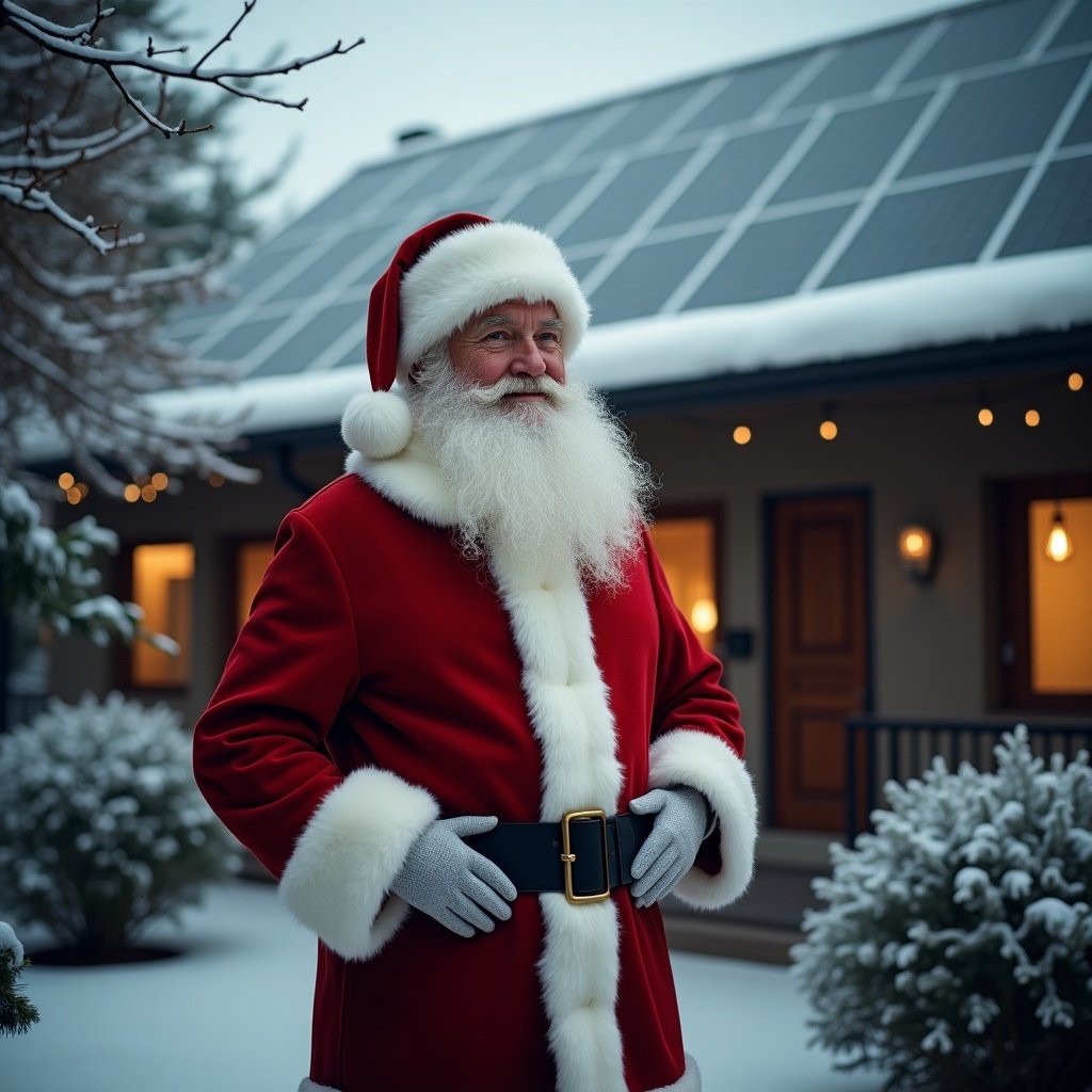 Santa Claus stands outside a home with solar panels. Snow covers the ground and surrounding trees. The scene captures the essence of a snowy Christmas.