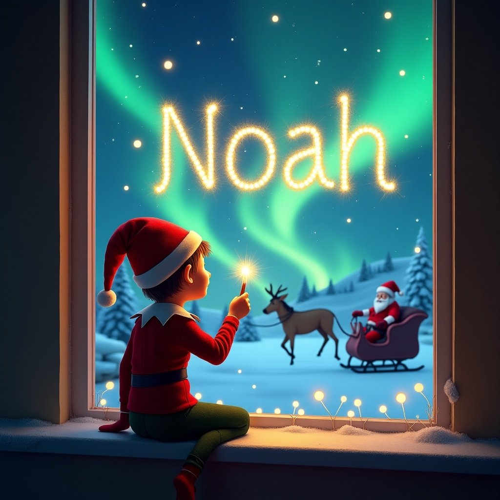 Enchanting Christmas scene with an elf on a window ledge. Elf writes name 'Noah' in shimmering lights using a wand. Background features colorful northern lights and snowy landscape. Santa Claus is in a sleigh in the distance to enhance the festive atmosphere.