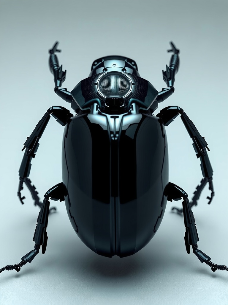 This image features a sleek, futuristic design of a beetle that resembles a mechanical or robotic creature. The beetle's glossy black armor is highlighted against a subtle gradient background, emphasizing the contrast between its intricate details and the smooth surface. Its symmetrical structure and shiny texture give it a highly technological and somewhat artificial appearance.