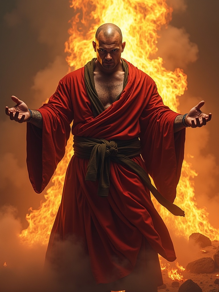 This image shows a robust man dressed in a traditional robe. The background features fire and smoke. The man has tattoos and stands with his arms outstretched. An intense atmosphere surrounds him. There is an aura of mysticism and power.