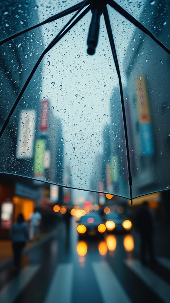 A city scene viewed through an umbrella with raindrops, capturing blurred lights and bustling streets.