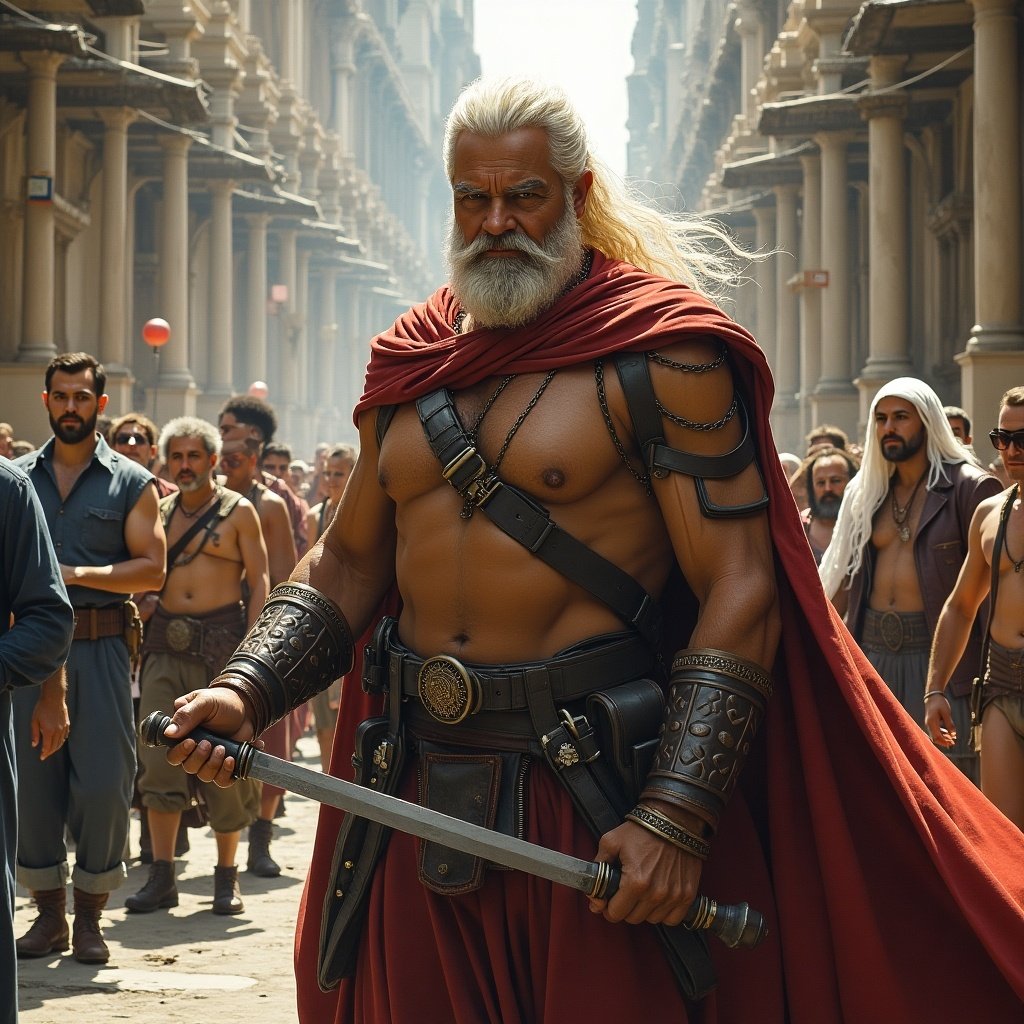 A muscular warrior stands confidently with a sword in a bustling ancient city scene. He has a dramatic cape and armor, surrounded by others in historical attire. The atmosphere is vibrant and energetic.