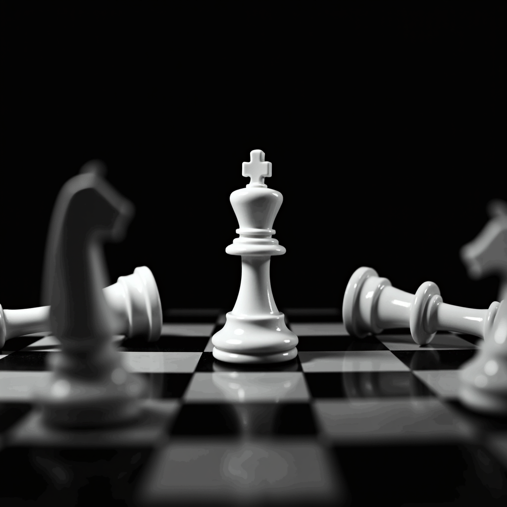 A solitary white king stands surrounded by fallen chess pieces on a checkered board.