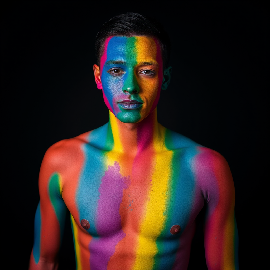 A person with a bare torso adorned in vibrant rainbow paint stands against a dark background.