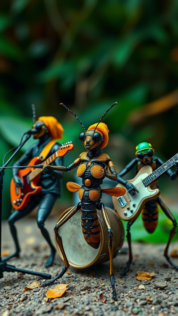 This imaginative and whimsical image depicts insects dressed as a rock band, complete with musical instruments like a guitar and drums. The insects are detailed with vibrant colors and accessories, such as hats, that add character. The setting suggests a forest floor, with rich greenery blurring into the background, emphasizing the fanciful nature of the scene.