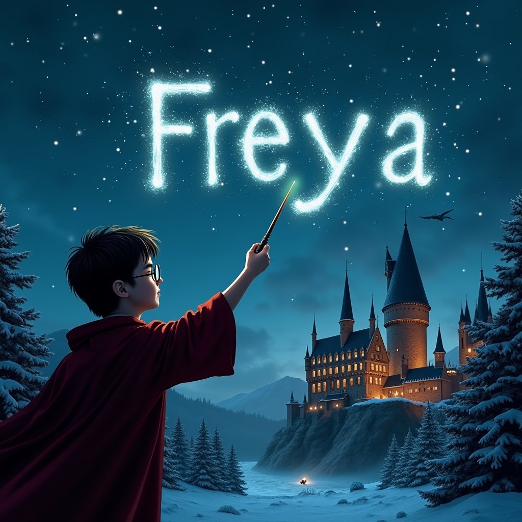 Child with wand casting spell creating Freya in night sky. Hogwarts castle illuminated with Christmas theme. Snow-covered landscape with pine trees.