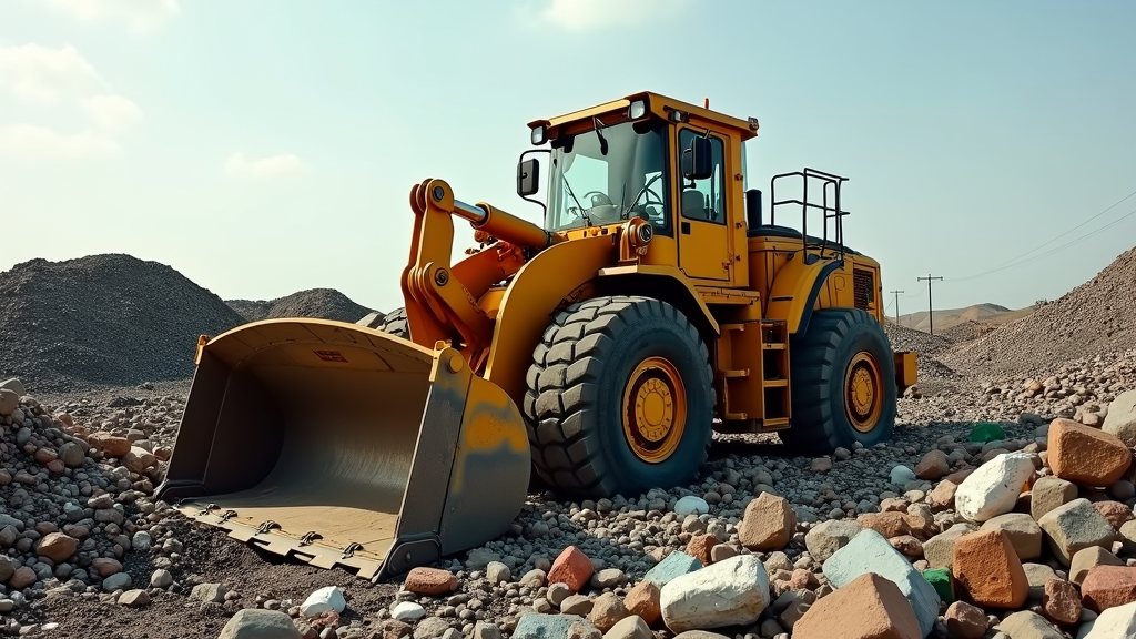 A large yellow front loader sits on rocky terrain under a clear sky, surrounded by piles of rocks and gravel.