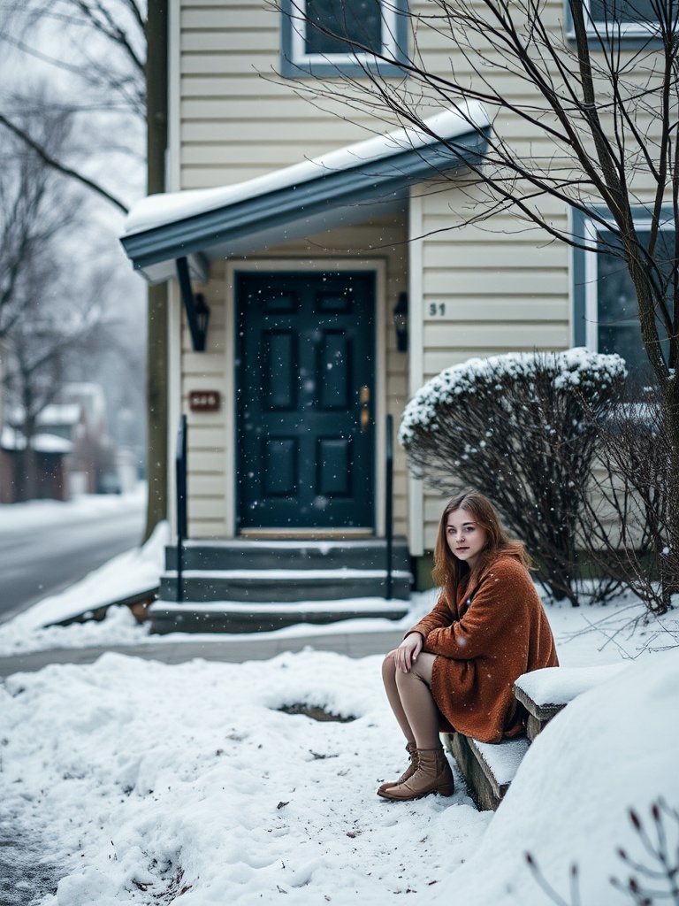 A young woman wrapped in a warm, rust-colored coat sits thoughtfully on a snow-covered porch. She is positioned in front of a vintage house with a dark teal door, while light snow falls gently around her. The scene captures a serene winter day, evoking a sense of calm and introspection.