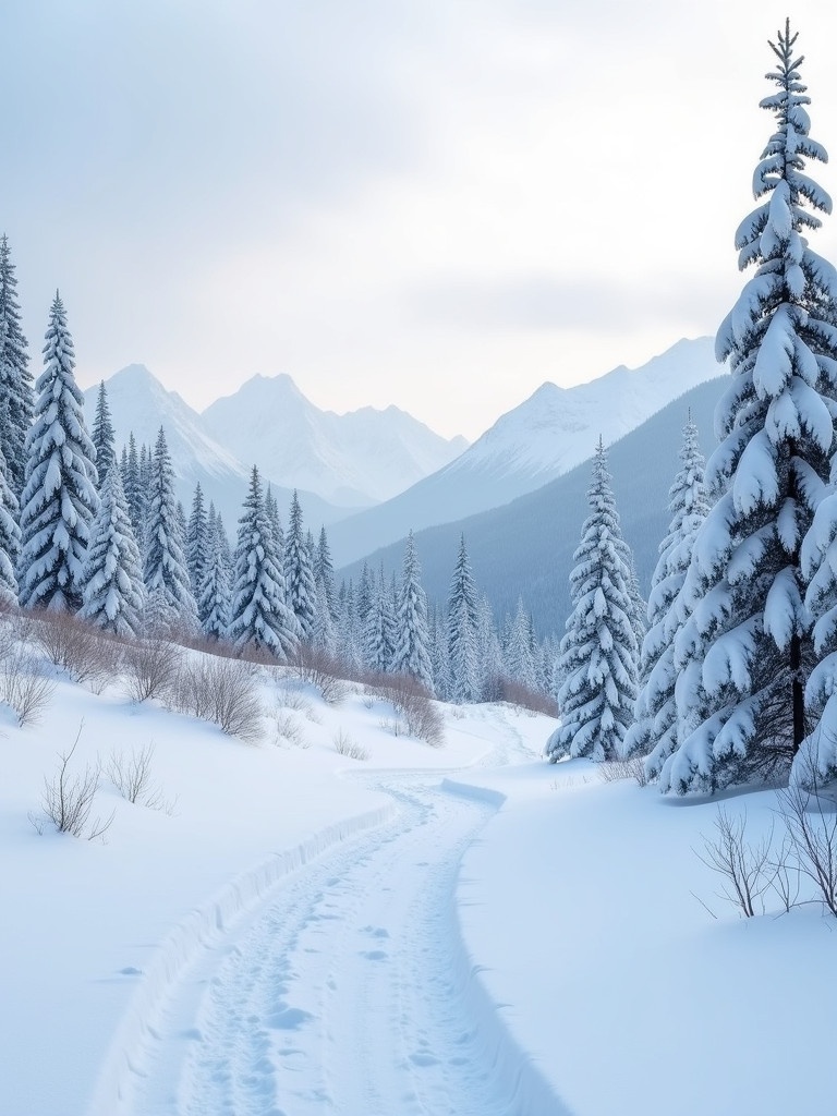 Serene winter landscape with snow-covered trees and distant mountains. A winding path leads through snow. Overcast light gently illuminates the scene. Foreground shows tire tracks from previous visitors. Evokes peace and winter beauty.