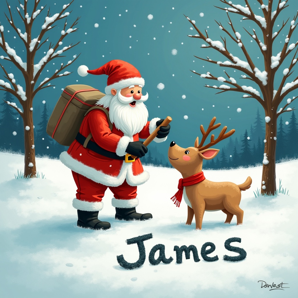 This image features Santa Claus dressed in a traditional red suit, joyfully engaged with a reindeer. He is writing names in the snow, creating a playful holiday scene. Snowflakes are gently falling around them, enhancing the wintry atmosphere. The reindeer, with a red scarf, looks up at Santa with curiosity. The snowy landscape includes trees, adding depth to the festive background. This illustration captures the essence of Christmas spirit and evokes warmth and cheer.