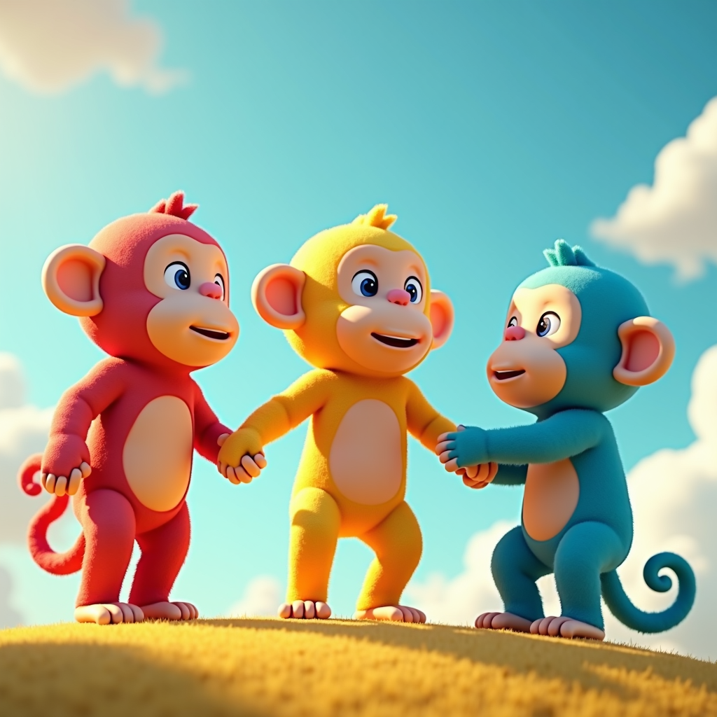 Three colorful cartoon monkeys holding hands on a sunny hilltop.