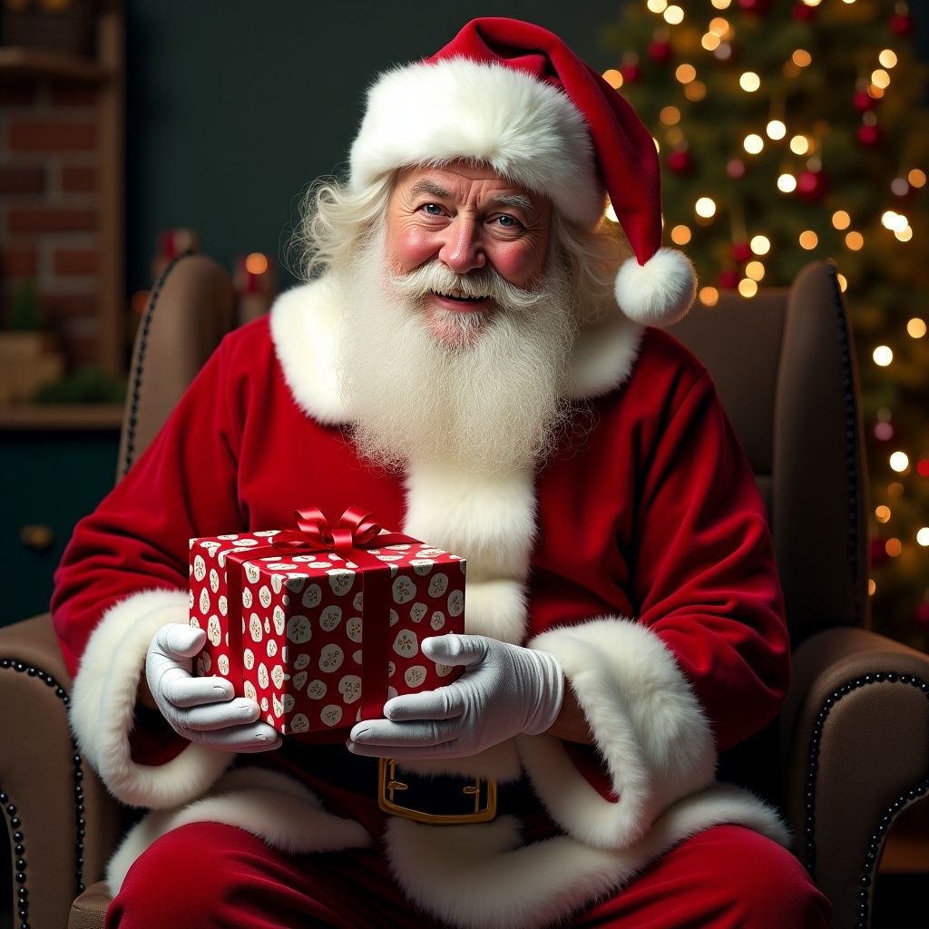 A warm and joyful scene featuring Santa Claus in his classic red suit, sitting comfortably in a cozy chair. He has a white beard and a cheerful expression as he holds a beautifully wrapped present decorated with festive patterns. Behind him, a Christmas tree adorned with twinkling lights creates a festive atmosphere. Santa embodies the spirit of giving, appearing ready to share joy and holiday cheer. This image captures the essence of Christmas, inviting warmth and nostalgia during the holiday season.