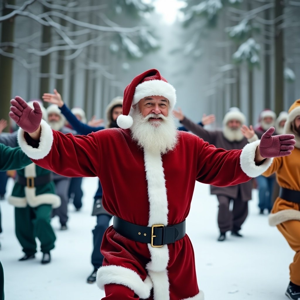 Cinematic depiction of Santa Claus engaging in Tai Chi practice. Snowy woods serve as a backdrop. Group of individuals practicing varied Tai Chi styles around Santa. Each person adopts a distinct posture. Wide shot to highlight the joyful scene.