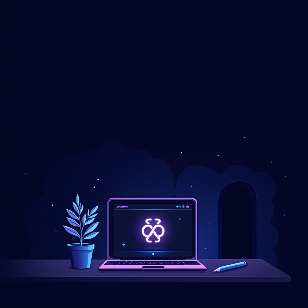 A glowing laptop and plant on a desk under a starry night sky.