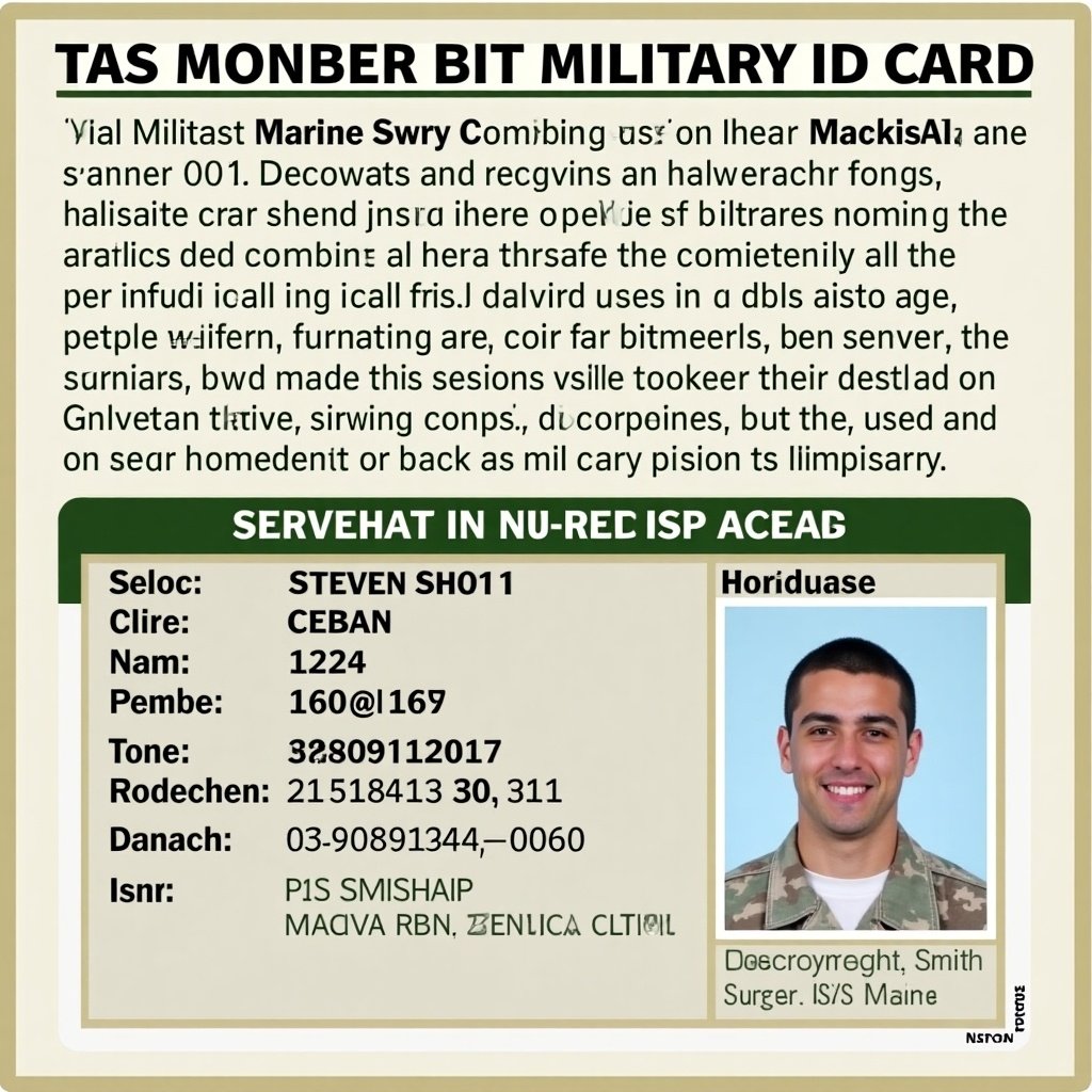 This image showcases a US Military ID card. ID card belongs to a Sergeant. Name is Steven Smith. Card contains identity verification details. Predominant colors are green, brown, and black. Example of military documentation.