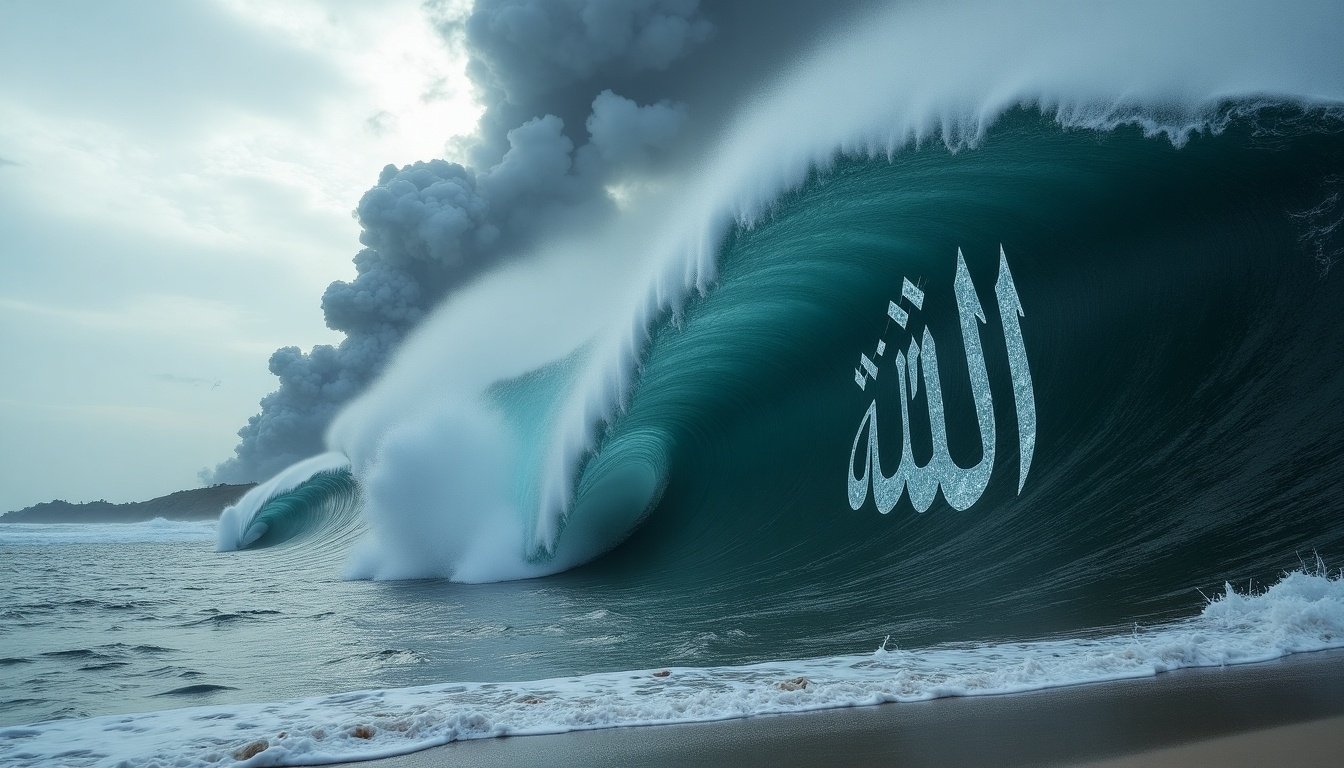 Create a realistic scene of a massive tsunami wave crashing toward the coastline. The wave is dark with the Arabic word 'ALLAH' formed within it. The word is transparent, shimmering like water. The wave has debris and foam, and the sky is overcast with smoke. The scene has a mystical and awe-inspiring atmosphere.