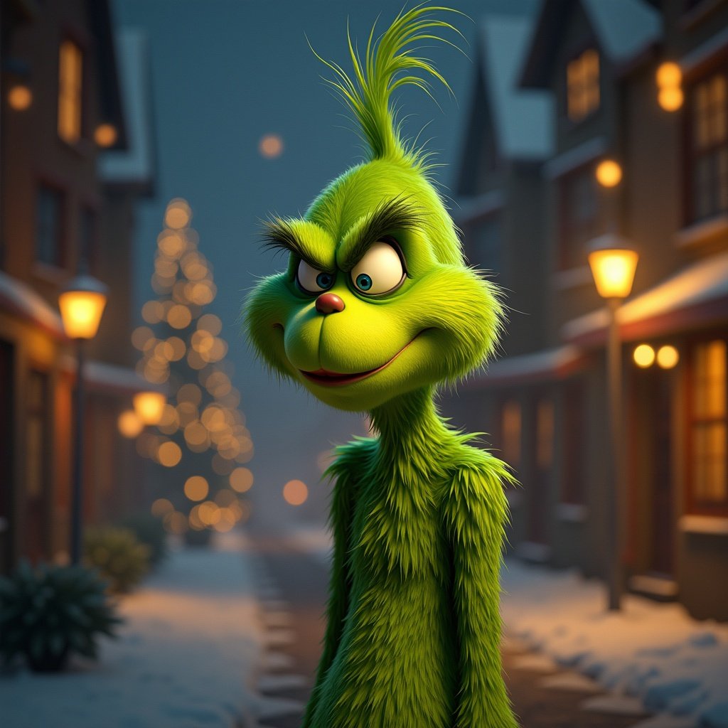 The Grinch seeks attention in a snow-covered Whoville. The Grinch stands looking mischievous. Festive lights are in the background. Snow covers the ground.