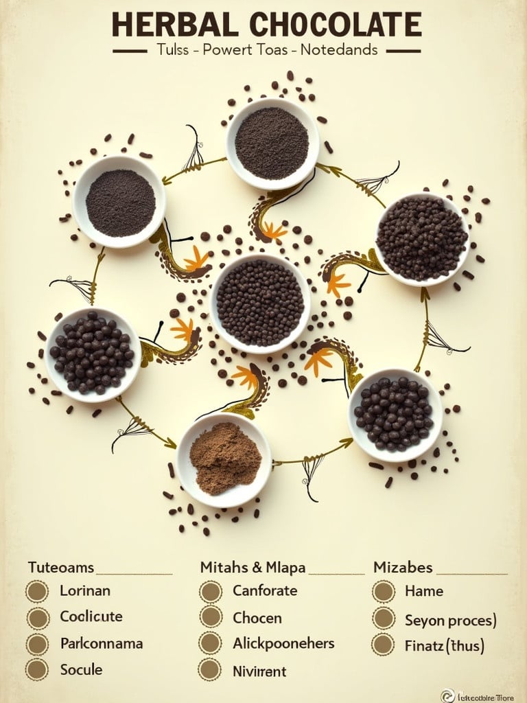 Herbal chocolate diagram highlights tulsi, clove, and black sesame seed. Displays bowls of various herbal ingredients, with labels. Circular arrangement around central theme of herbal chocolate.