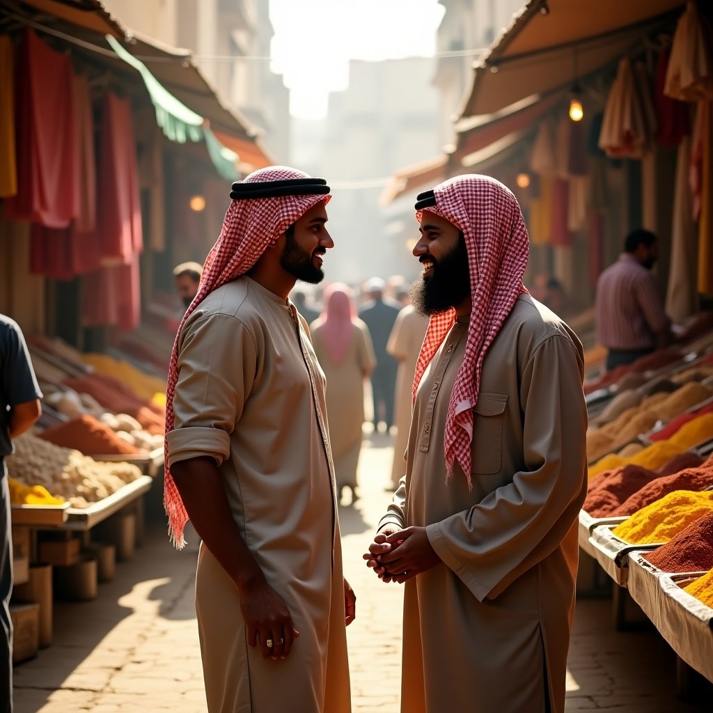 Two Arab men standing in a market. Engaging in conversation. Various spices displayed around them.