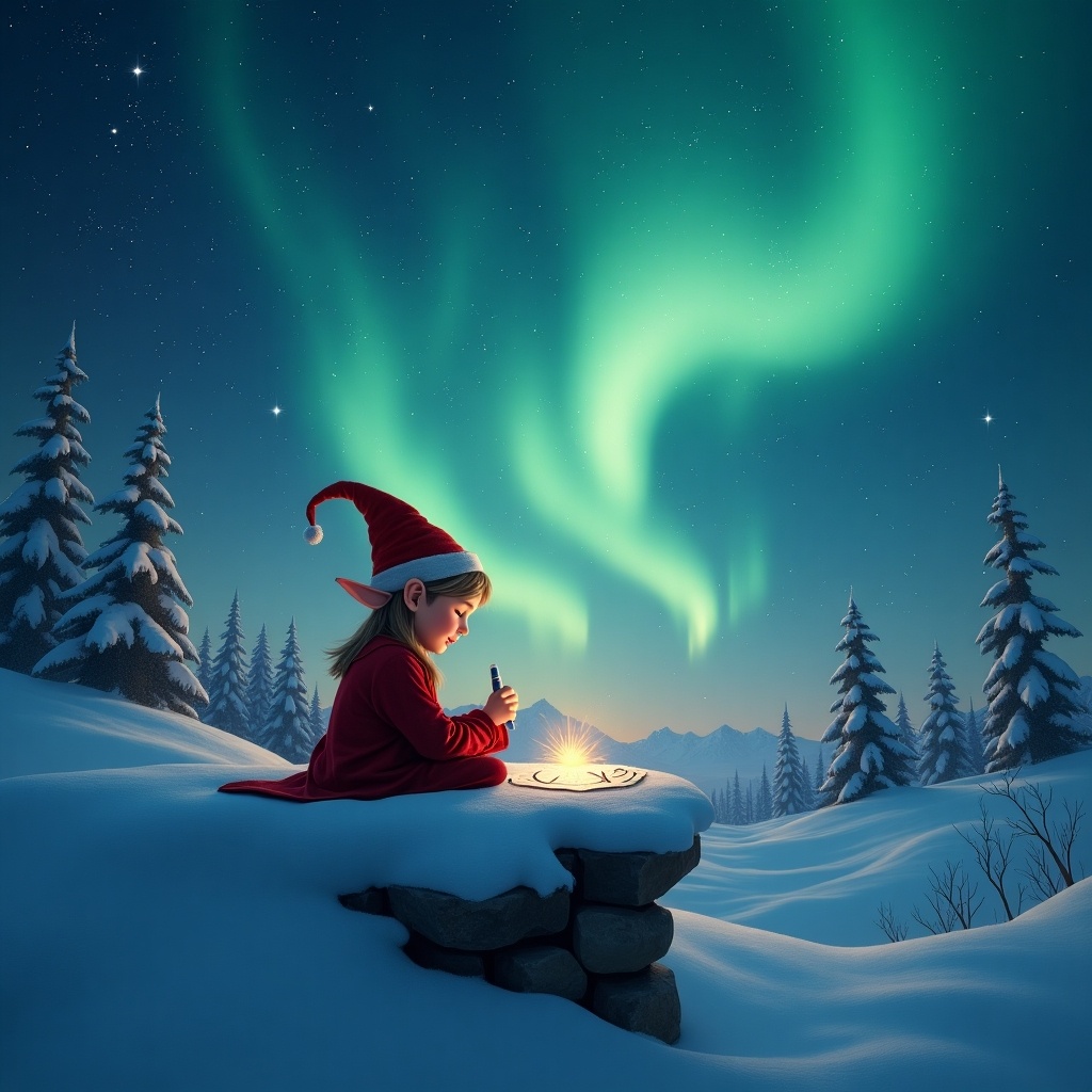 This enchanting image features a young elf wearing a red outfit and hat, sitting on a snowy rock. The elf is focused on writing the name 'Ava' in the snow, illuminated by the magical northern lights in the sky. The backdrop is a tranquil winter scene with snow-covered trees and distant mountains. The glowing auroras paint the sky in bright greens, creating a dreamlike atmosphere. This artwork captures the essence of holiday magic and childhood wonder, evoking feelings of joy and nostalgia.