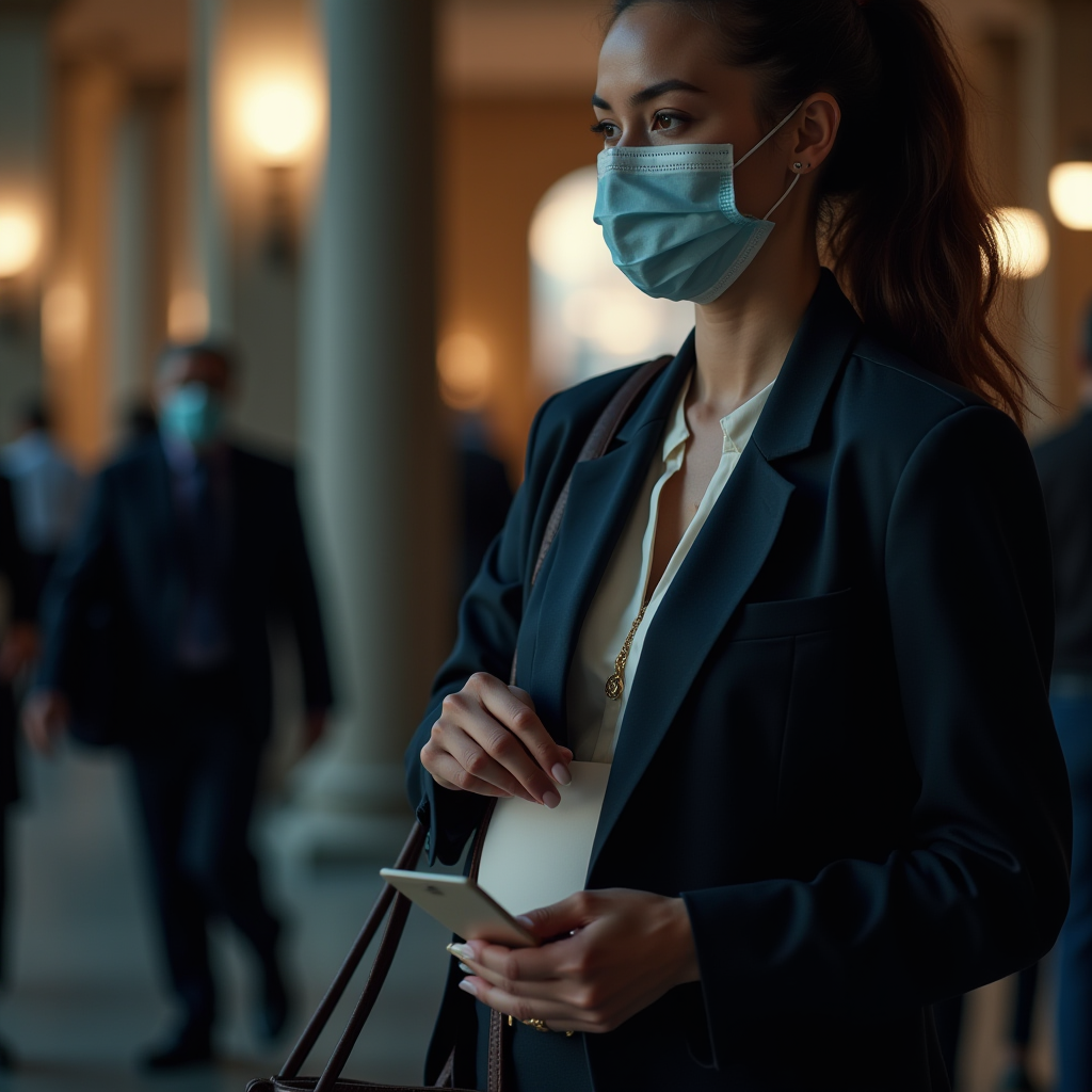 A woman wearing a blue mask and office attire stands in an elegant hallway with blurred figures moving around her.