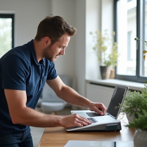 A person installs WiFi equipment. The focus is on a laptop placed on a desk. Natural light from windows brightens the room. Green plants add a homey touch. Soft neutral colors dominate the space.