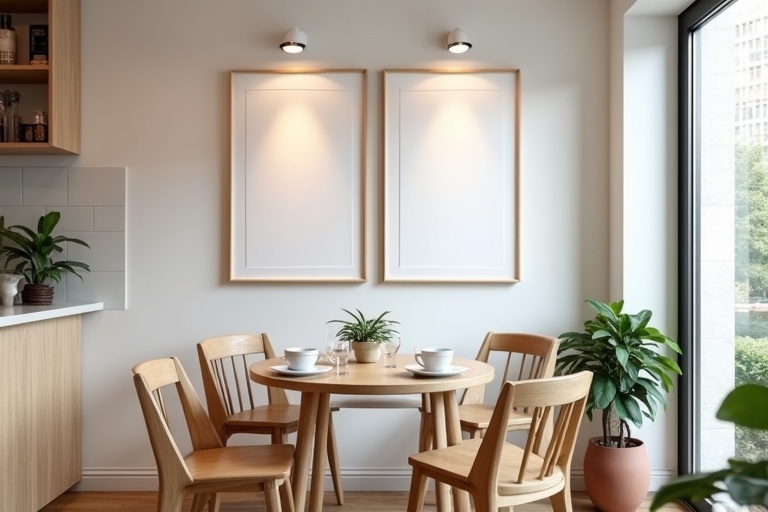 Modern traditional coffee shop interior with cozy atmosphere. Wall features empty frame for art. Round wooden table set for two with white plates and small plant pot. Four simple wooden chairs in minimalist style. Elegance from wooden floor. Side view shows more of the cafe with plants.