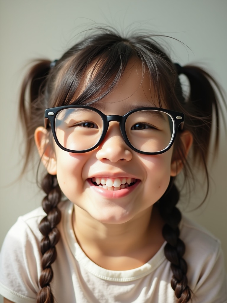 A young girl smiles cheerfully. She wears large glasses and has braided hair. The background is soft. Natural sunlight highlights her expression.