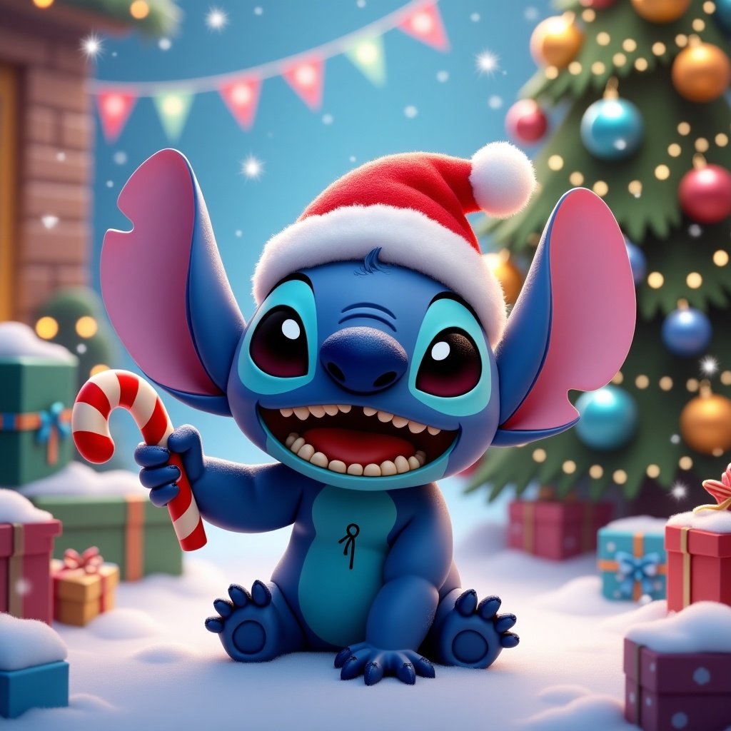 Cartoon character Stitch in a Santa hat during Christmas. Stitch is sitting happily on the snow, holding a candy cane, surrounded by Christmas gifts and a decorated tree. Bright and festive background with colorful lights.