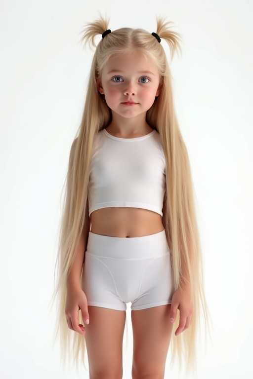 A young girl with blonde hair wearing a crop top and shorts stands straight. The hair is styled with clips and bows. Background is white. The image is realistic and high quality. Child appears vibrant and confident.