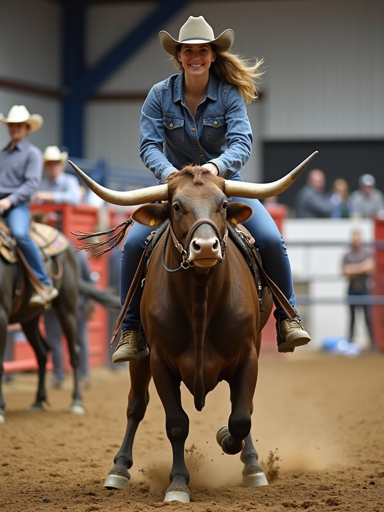 A woman riding a bull during a rodeo event. The setting is an arena filled with spectators. The rider is focused and determined. She wears a denim jacket and cowboy hat. The bull is charging forward, exhibiting strength and power.