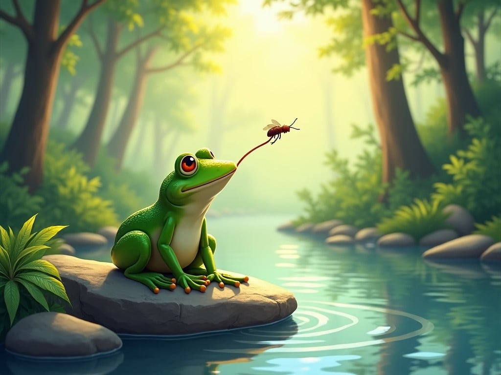 A digital illustration of a green frog sitting on a rock in a tranquil forest creek, catching a fly with its tongue, surrounded by lush greenery and soft, natural light creating a peaceful ambiance.