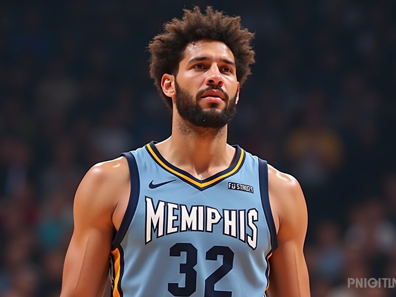 The image features NBA player Max Struss standing in a Memphis Grizzlies jersey. His hair is styled in an Afro, and he looks focused on the game. The jersey displays the team colors, prominently blue and gold. Bright lighting emphasizes his determined expression and athletic build. The background suggests a packed stadium atmosphere, typical of a live basketball game.