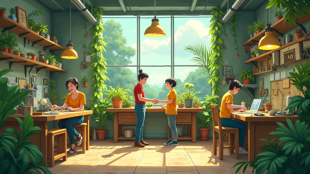 Solarpunk workshop with vibrant colors in Ghibli style. Men and women collaborate on sustainable technology. Warm atmosphere with lots of plants and natural light. A handshake symbolizes fairness and equal pay. Soft painterly style with rich details.