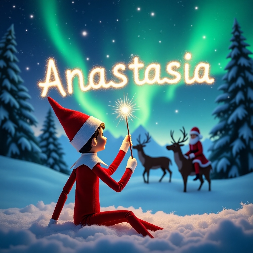 Elf on the Shelf with its back to the viewer. Elf uses a wand to spell the name 'Anastasia' in sparkling letters. Stunning winter landscape with vibrant northern lights. Silhouette of Santa Claus riding reindeer in the background. Snow-covered trees and serene mountains create a holiday atmosphere.