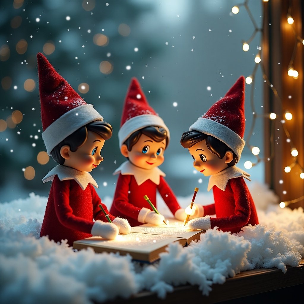 This enchanting image depicts three cheerful Elf on the Shelf figurines sitting together in a snowy landscape. Each elf is wearing a classic red outfit with a pointed hat, deeply focused on writing names displayed in the snow before them. Soft, whimsical snowflakes gently fall around them, creating a magical atmosphere. In the background, twinkling string lights and softly lit trees enhance the cozy holiday spirit. The scene evokes warmth and joy, making it perfect for celebrating Christmas traditions and family gatherings.