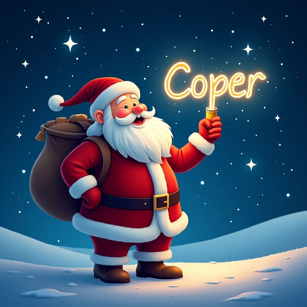 Santa Claus in a snowy landscape. Santa writes the name Cooper in the sky using a glowing pen. Colorful and festive atmosphere.