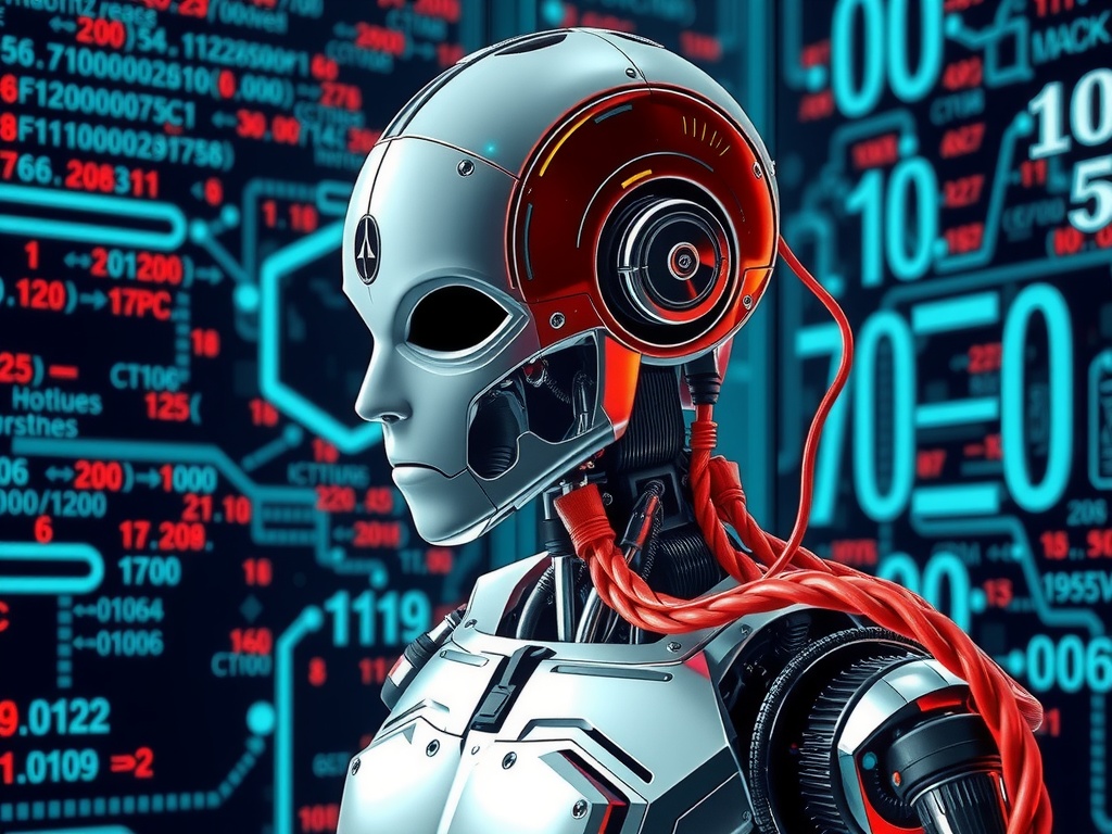 This digital art piece features a futuristic cyborg set against a backdrop of glowing data and numbers. The cyborg's metallic design is complemented by intricate red wiring and a spherical headpiece, portraying an advanced technological entity in a high-tech environment. The image conveys a sense of sophistication and the blending of human and machine elements.